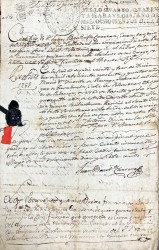 Certidão manuscrita em língua espanhola, emitida e assinada em 1 de Maio de 1817 por D. Juan Bautista Carrera, Cura próprio del Sacrario de la Santa Catedral da Cidade de Cádiz, transcrevendo um assento paroquial registado nos livros dessa Igreja.